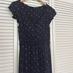 Lucky Brand Navy Midi Dress with Smocked Waist Boho Chic Western Rodeo Sz S
